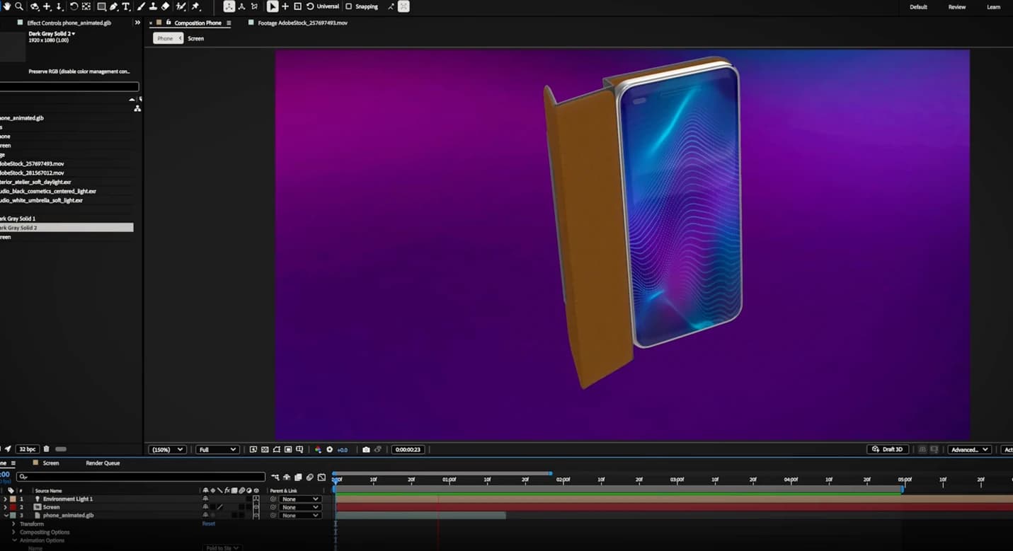 Interface réelle d’After Effects : composition d’un téléphone en 3D, réglages et calques dans la timeline.