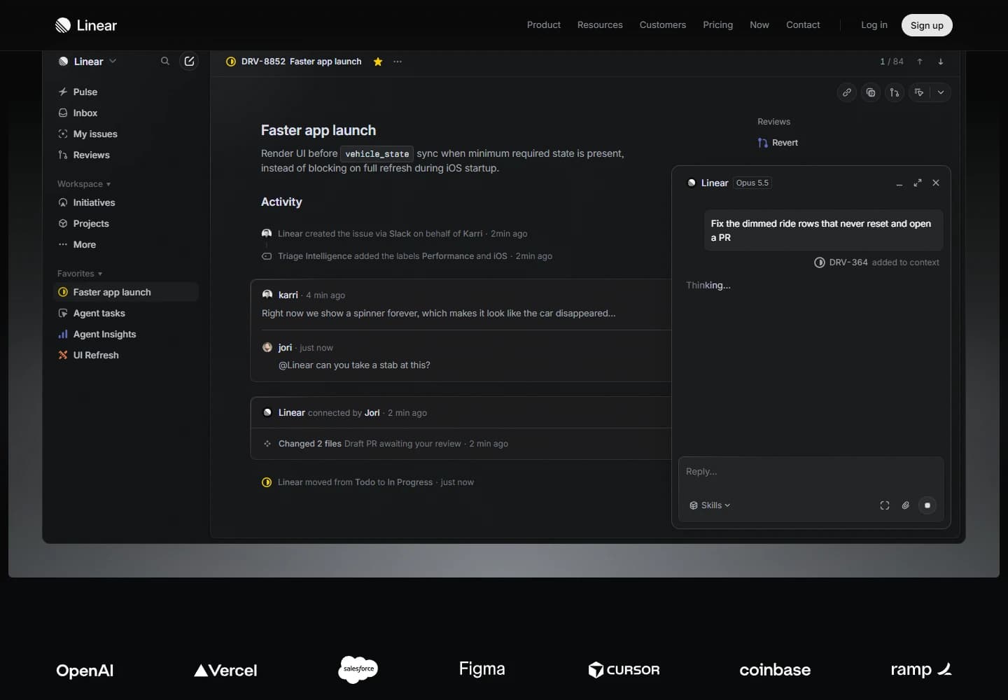 Interface réelle de Linear : suivi de tâches, navigation des projets et échanges dans un dossier.