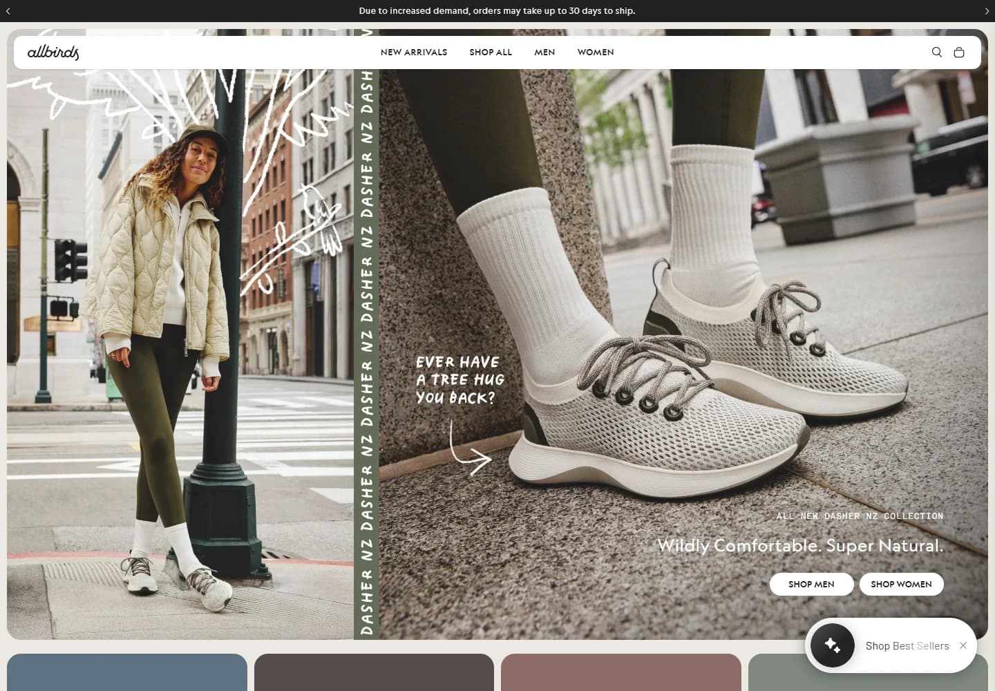 Boutique Allbirds : chaussures photographiées en situation, collection et accès au catalogue.