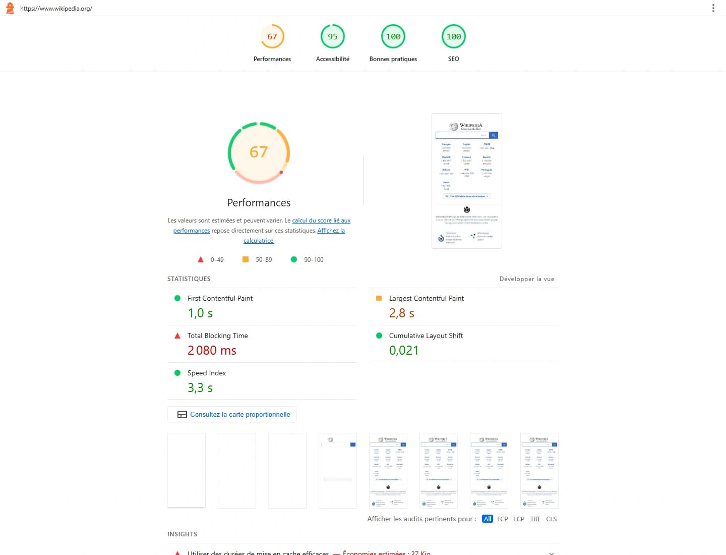 Rapport Lighthouse réel en français du portail Wikipédia : performances 67, accessibilité 95, bonnes pratiques 100 et référencement 100.