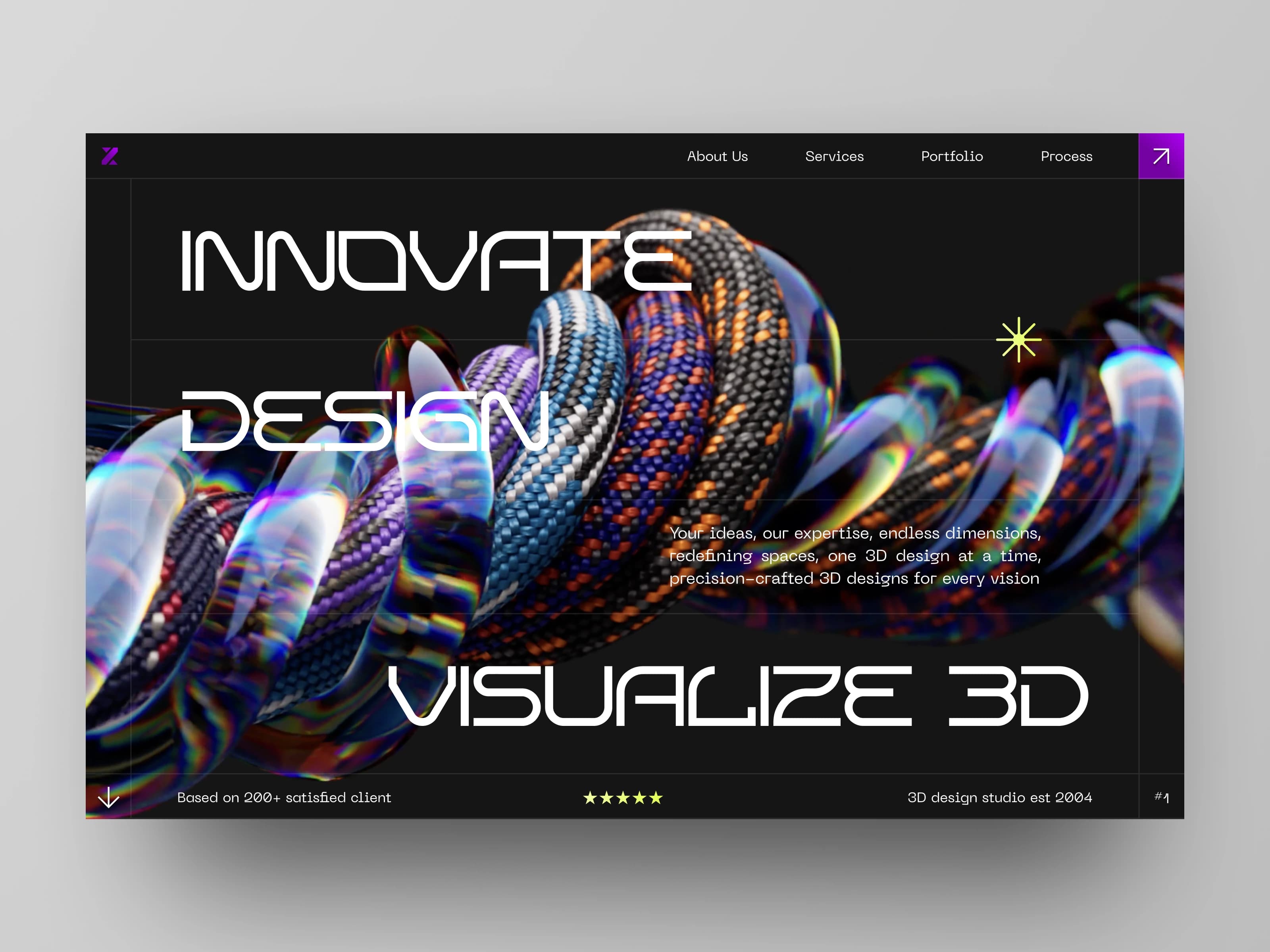 Maquette web Zylo : grande typographie contemporaine, navigation et volumes tressés irisés sur une interface sombre.