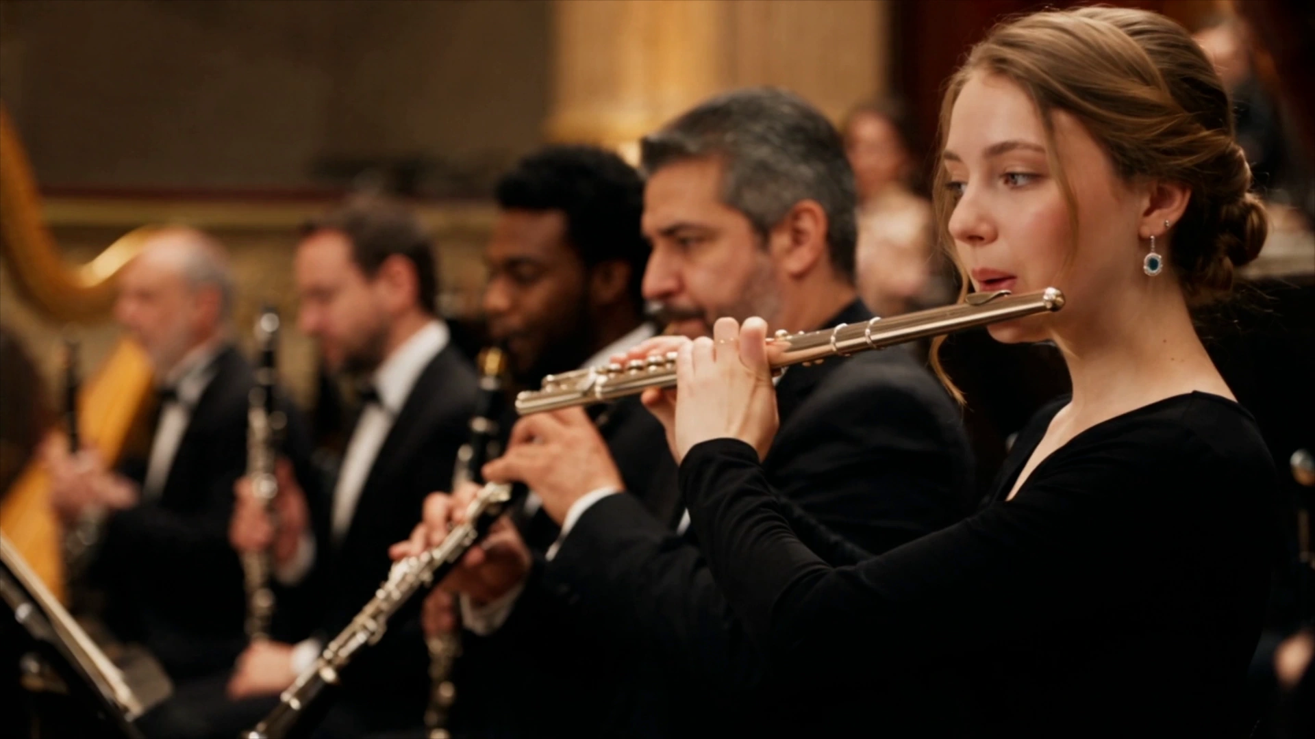 Image du film officiel Seedance 2.5 : une flûtiste au premier plan, devant les musiciens d’un orchestre dans une lumière chaude.